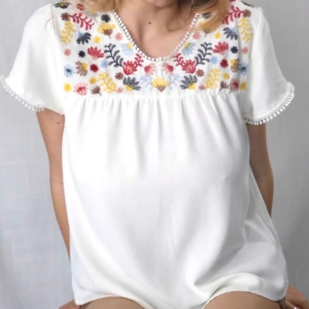 BLUE PEPPER / Floral Embroidered Short Sleeve Blouse Size M